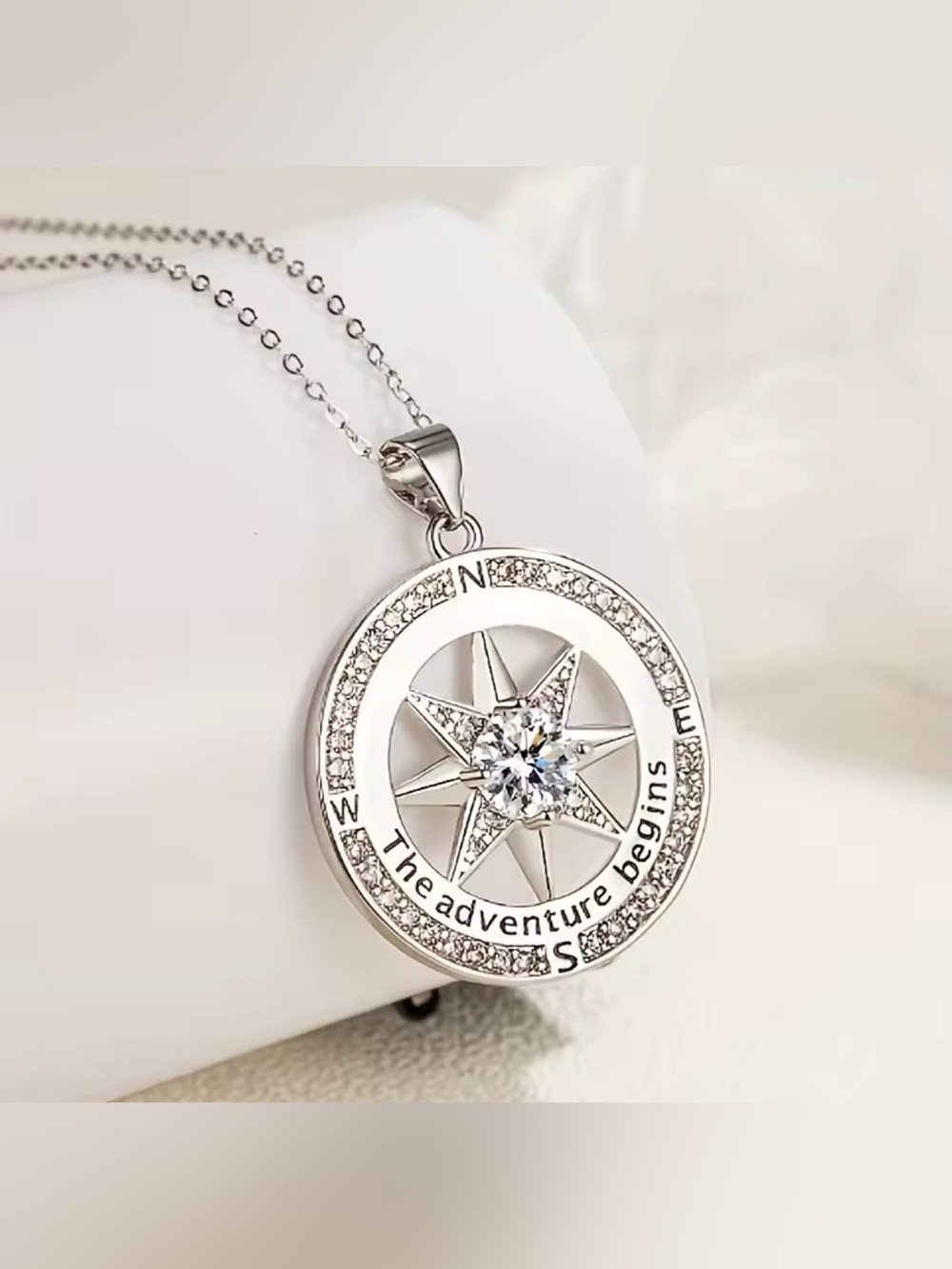 18K White Gold Nautical Star Compass With Micro Pave Diamond Inspirational Words
